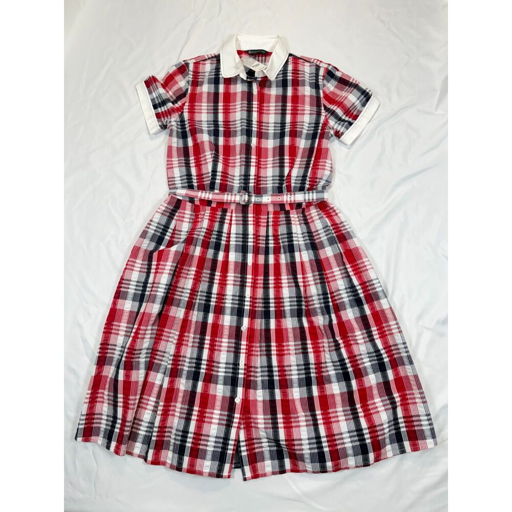Brooks Brothers Plaid Shirt Dress Belted Red Navy White Size 2 NWT